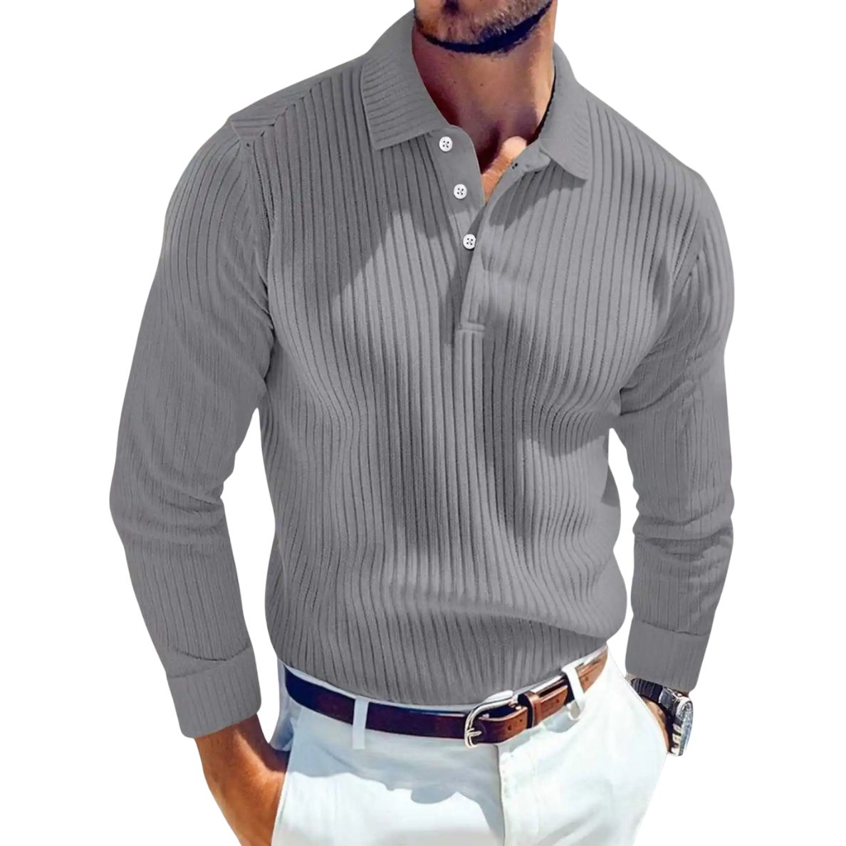 Men's Ribbed Long-Sleeve Polo Shirt – Cotton-Viscose Blend