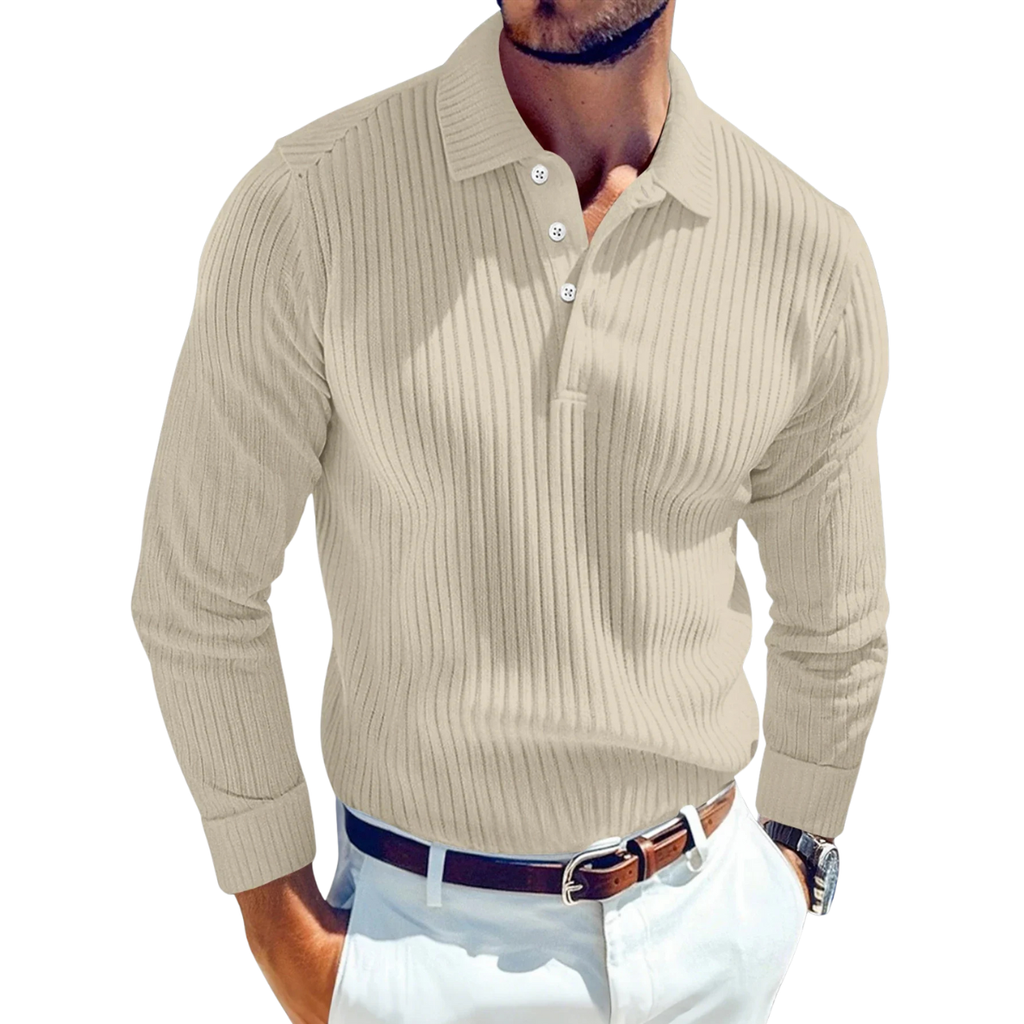 Men's Ribbed Long-Sleeve Polo Shirt – Cotton-Viscose Blend