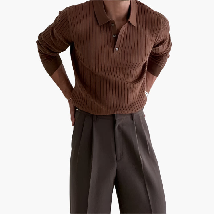 Men's Ribbed Long-Sleeve Polo Shirt – 100% Cotton