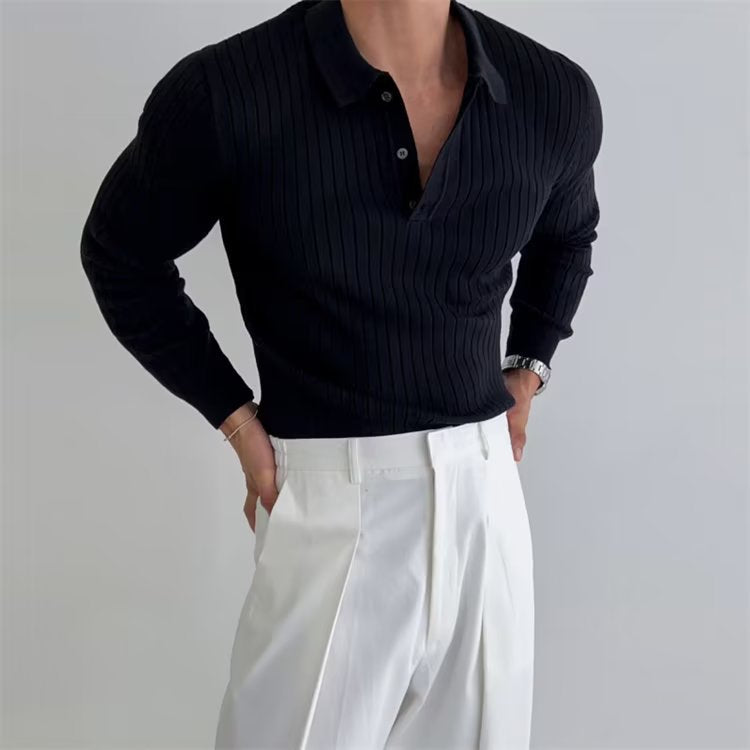 Men's Ribbed Long-Sleeve Polo Shirt – 100% Cotton