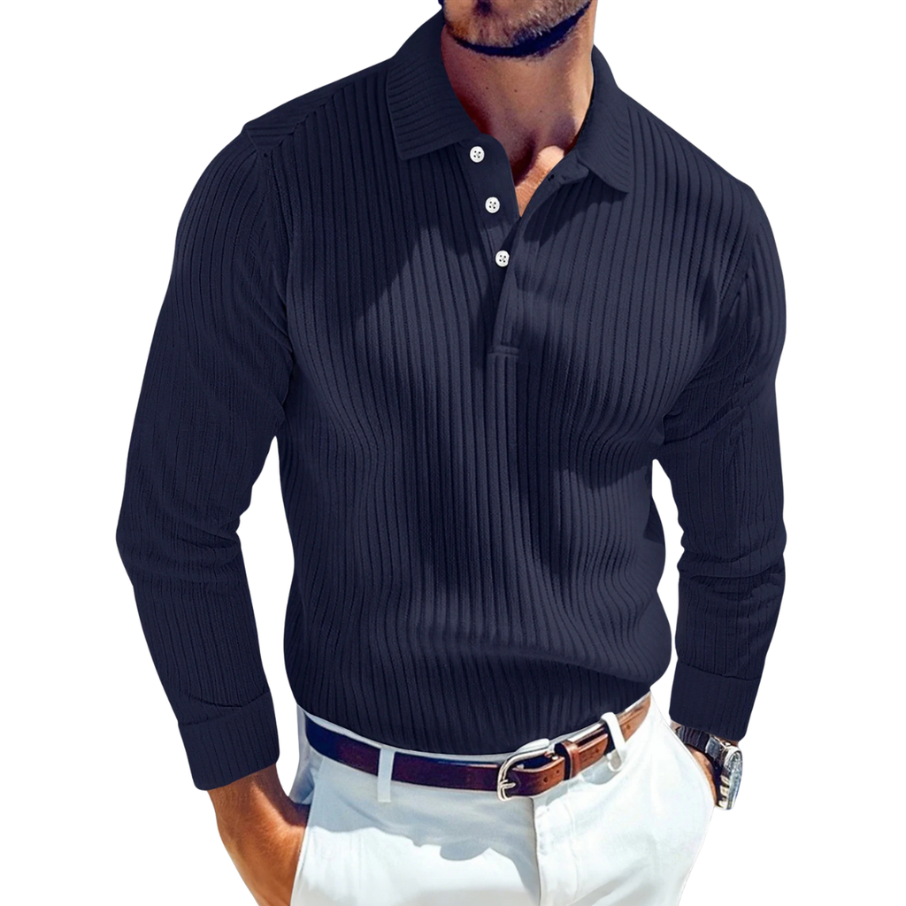 Men's Ribbed Long-Sleeve Polo Shirt – Cotton-Viscose Blend