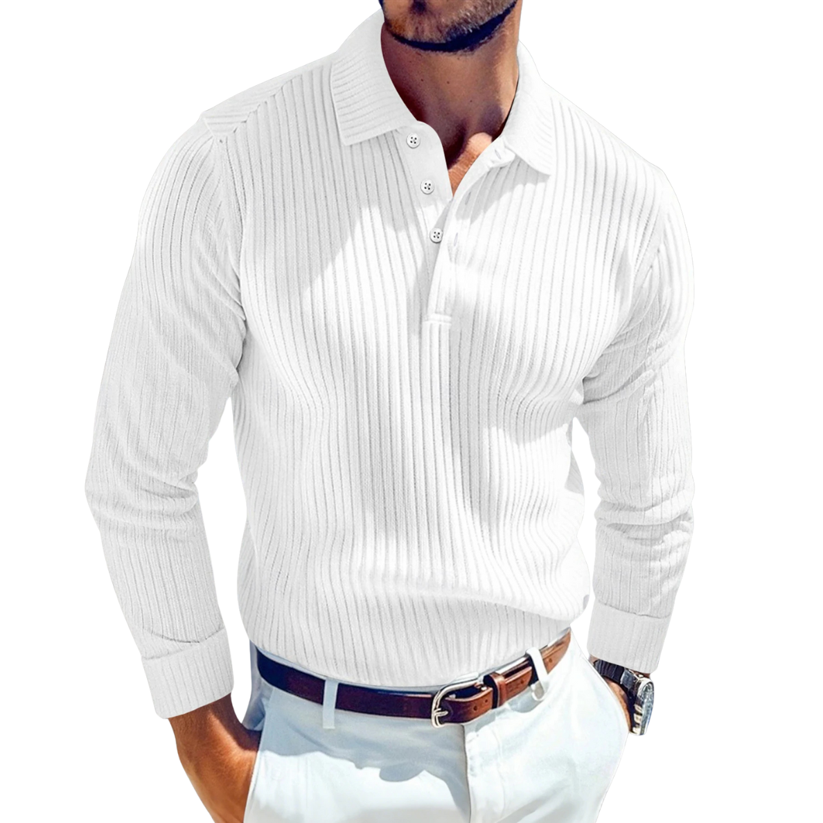 Men's Ribbed Long-Sleeve Polo Shirt – Cotton-Viscose Blend
