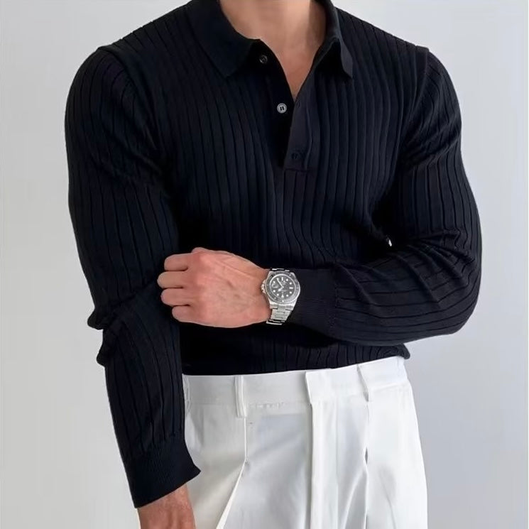Men's Ribbed Long-Sleeve Polo Shirt – 100% Cotton
