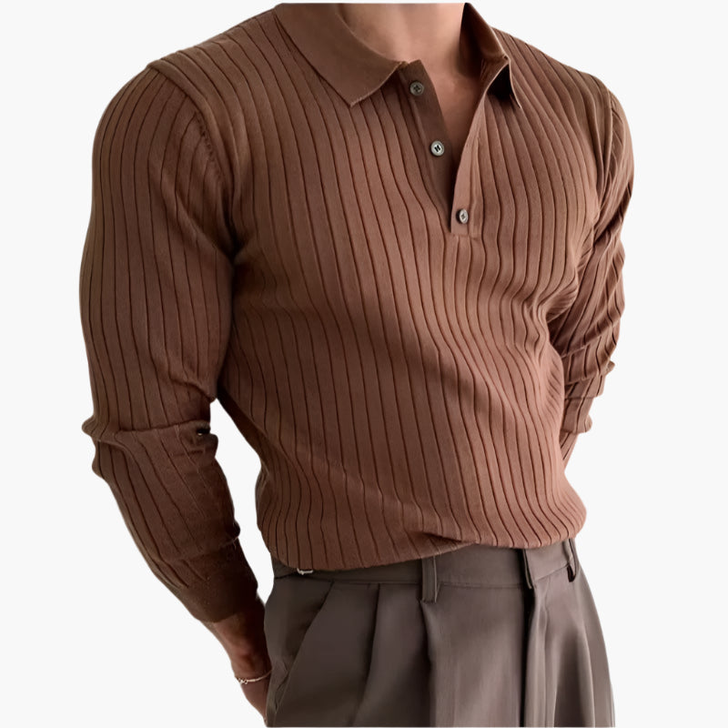 Men's Ribbed Long-Sleeve Polo Shirt – 100% Cotton