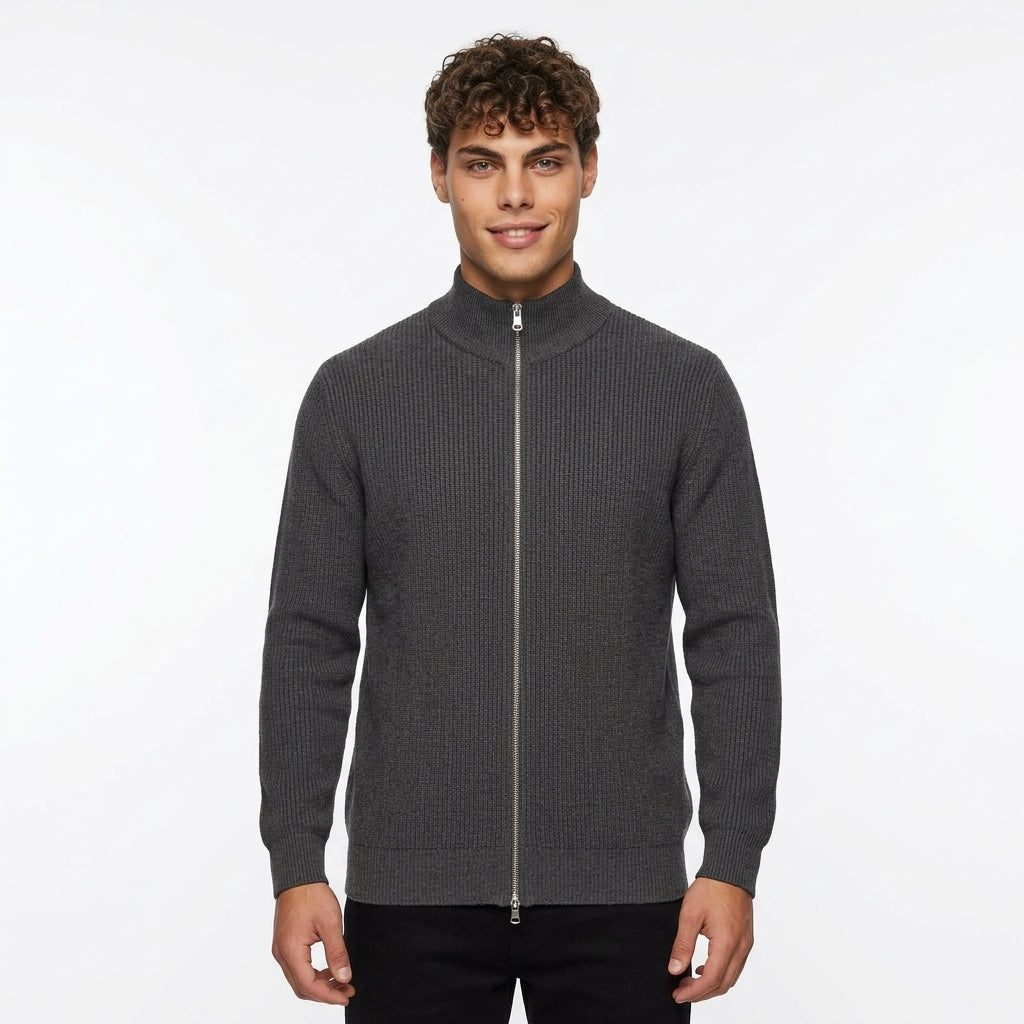Men's Knitted Zip-Up Sweater – High-Neck Design