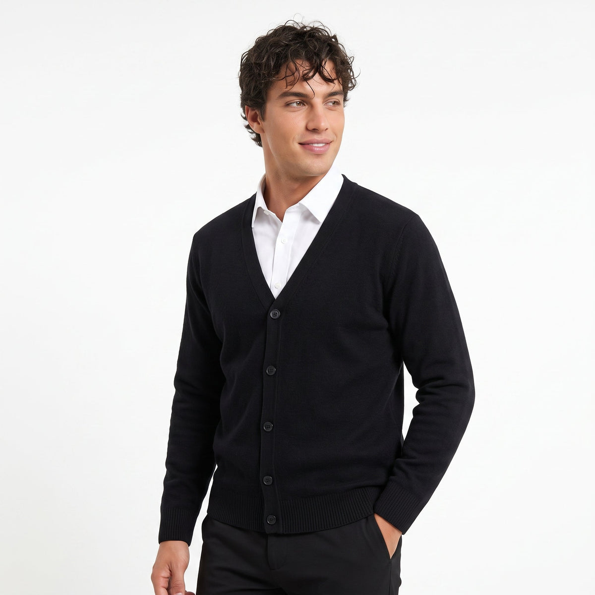 Men's Fleece-Lined Knit Cardigan – V-Neck Button Front