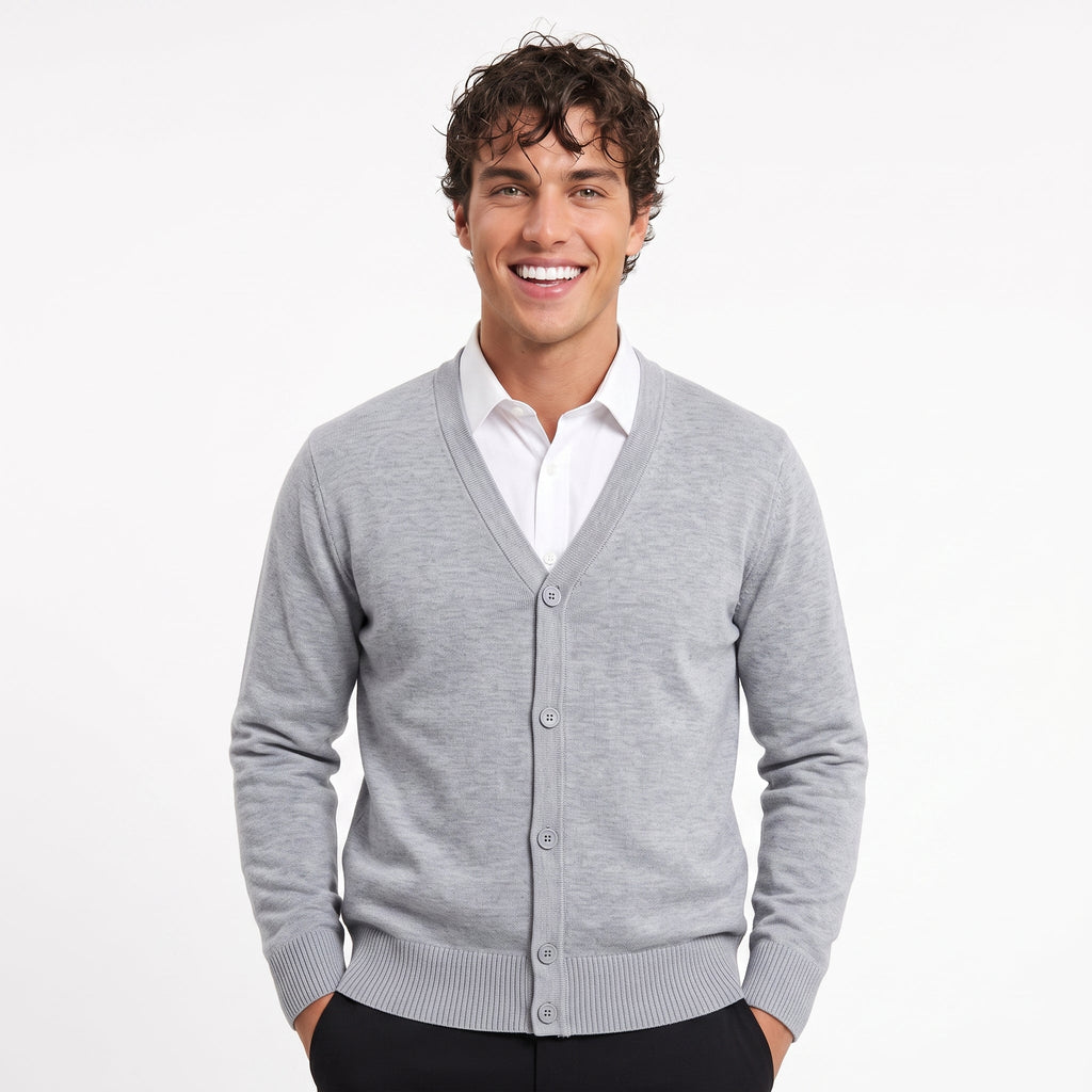 Men's Fleece-Lined Knit Cardigan – V-Neck Button Front