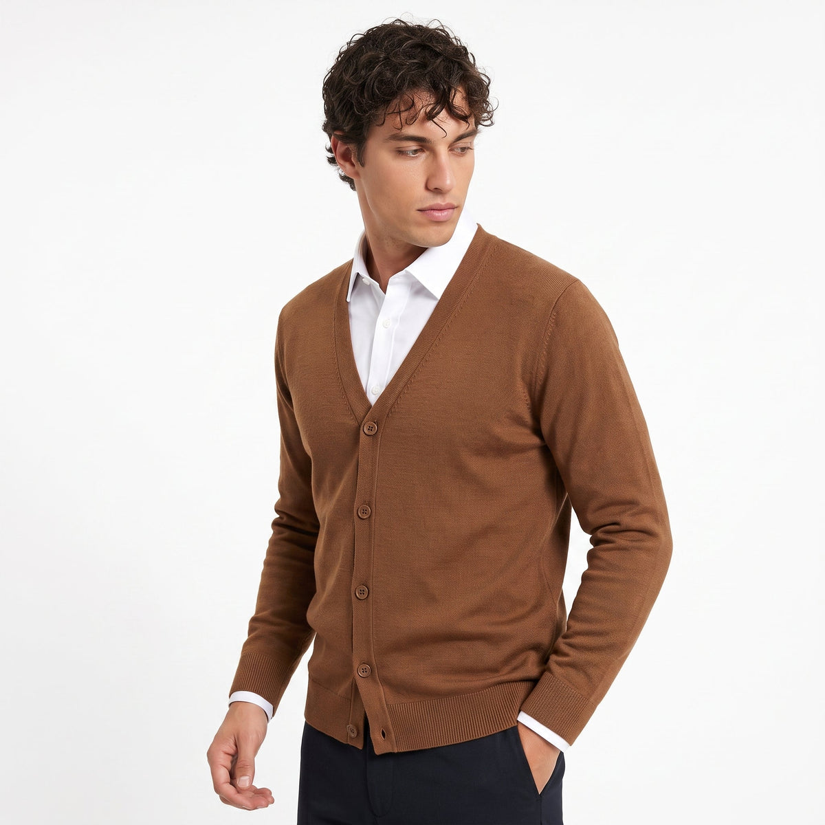 Men's Fleece-Lined Knit Cardigan – V-Neck Button Front