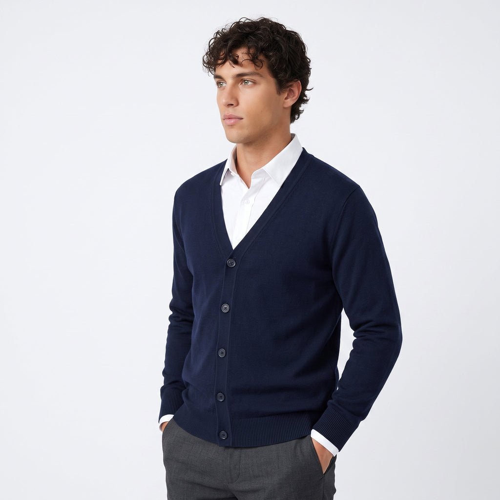 Men's Fleece-Lined Knit Cardigan – V-Neck Button Front