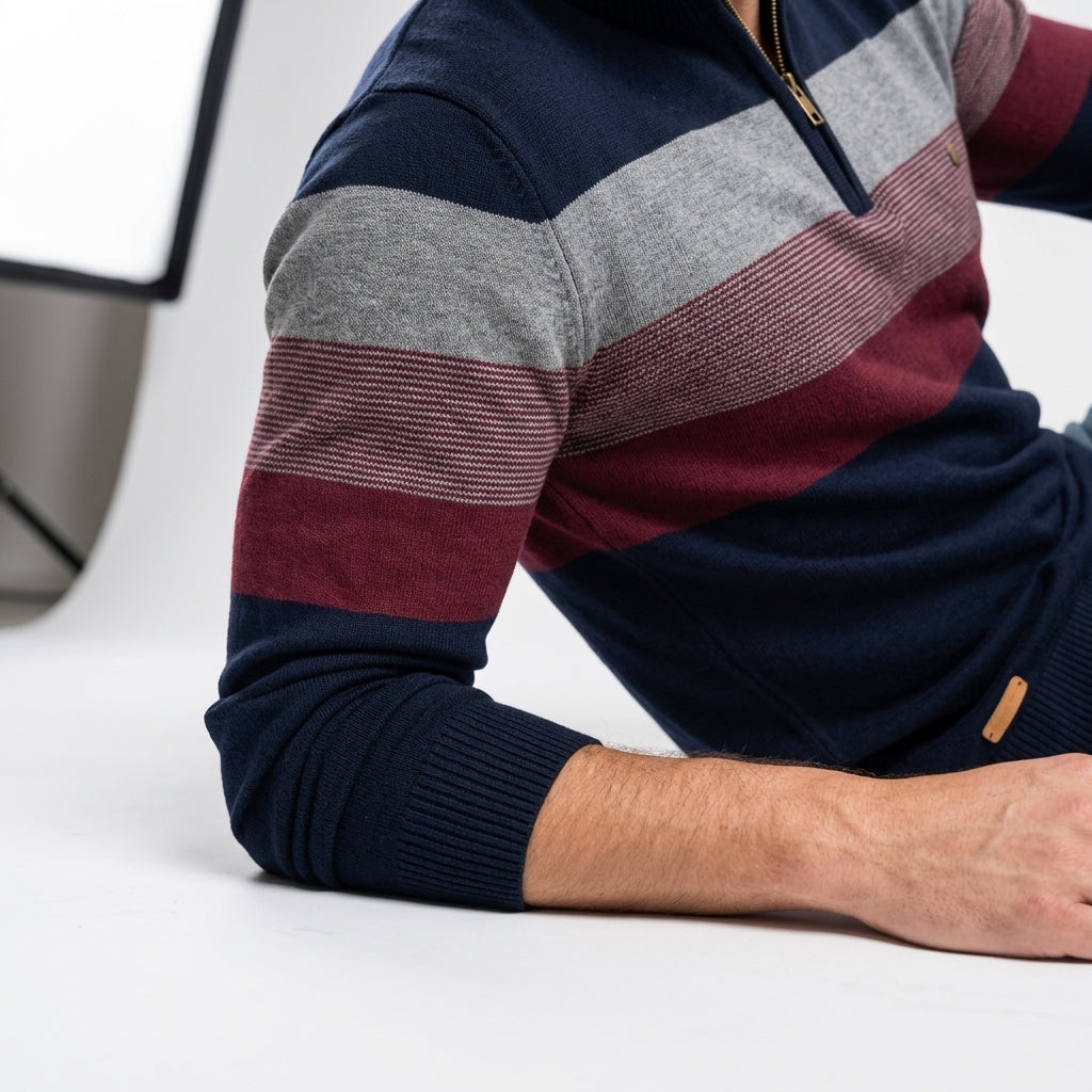 Men's Cotton Quarter-Zip Sweater – Color-Block Knit