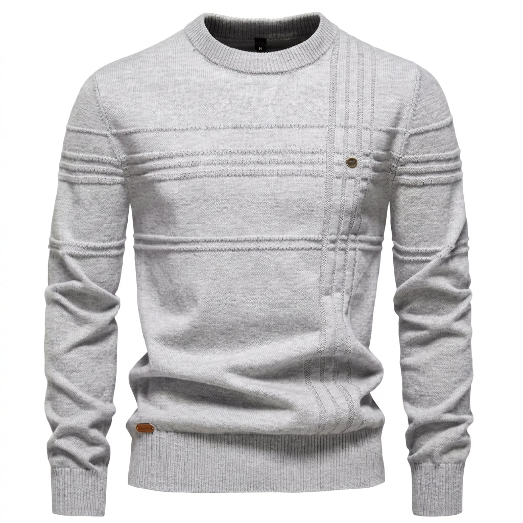 Men's Textured Cotton Sweater – Striped Knit Crew Neck