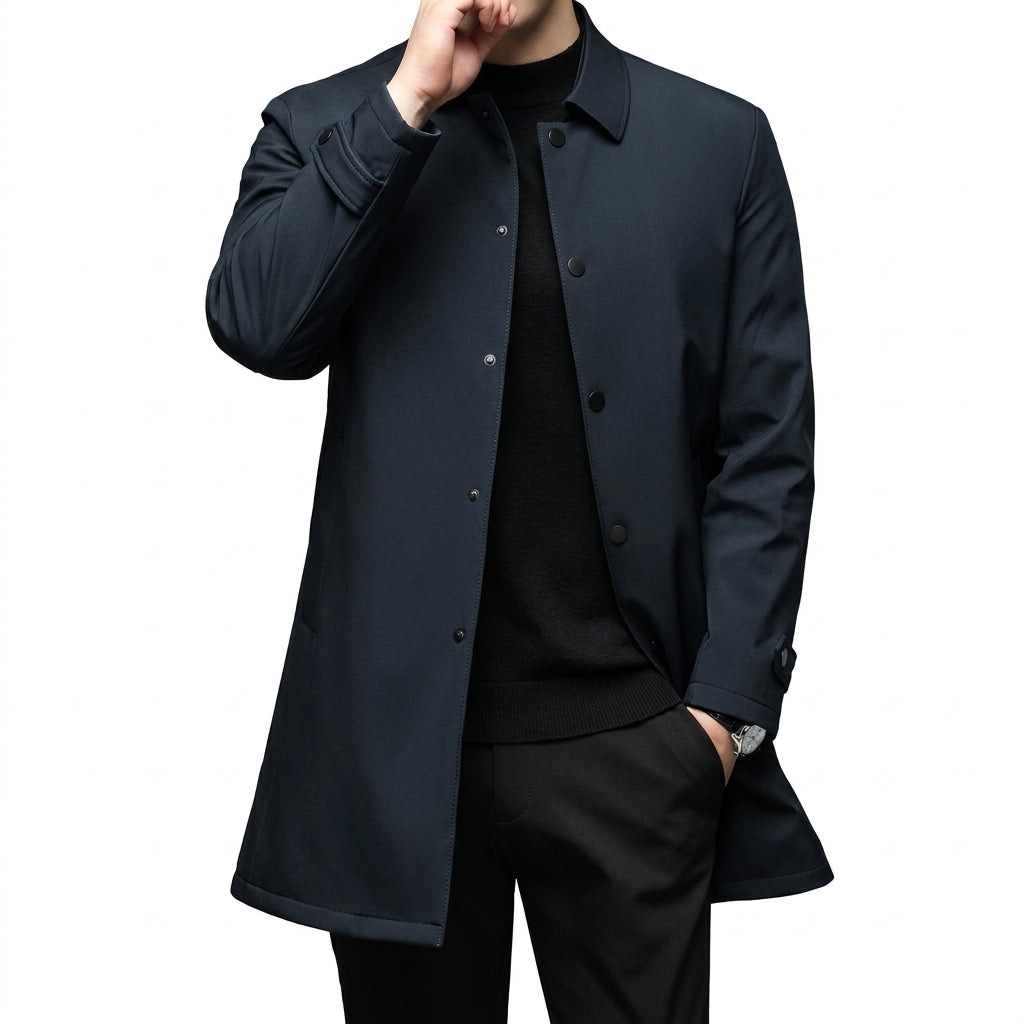 Men's Long Trench Coat – Windproof Single-Breasted Design