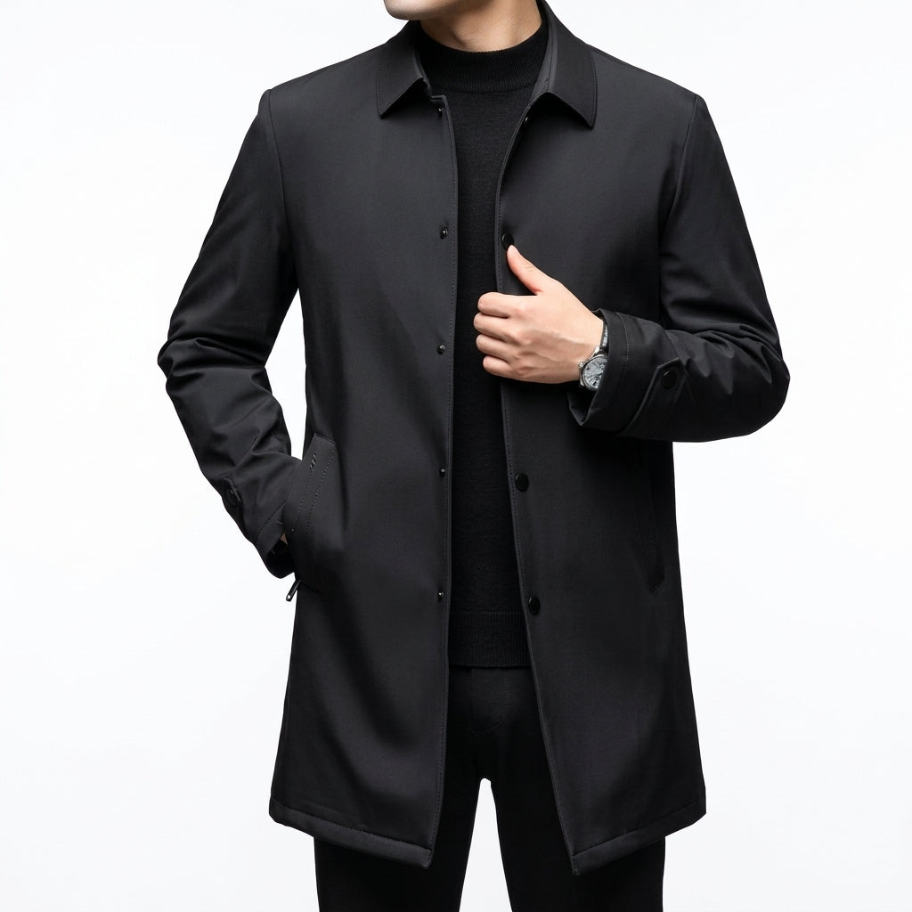 Men's Long Trench Coat – Windproof Single-Breasted Design