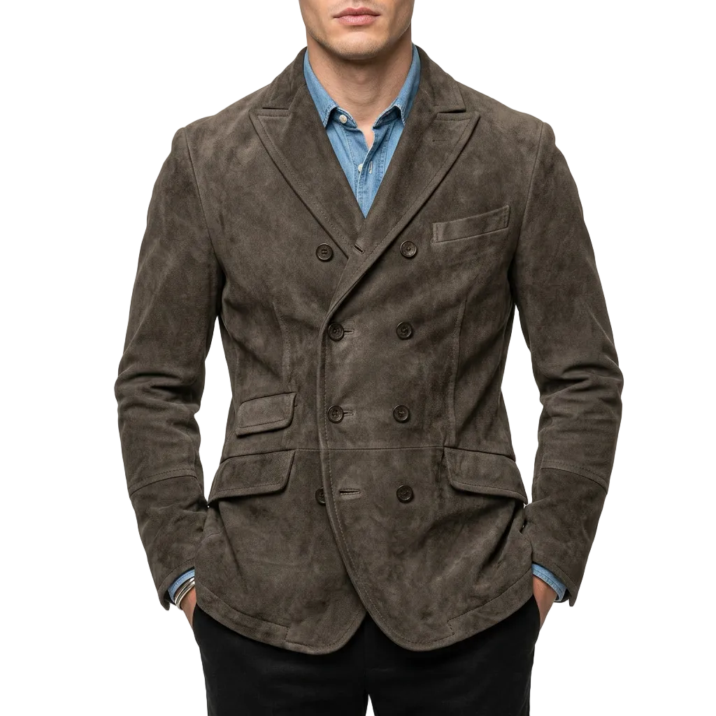 Men's Suede-Style Double-Breasted Jacket – Multi-Pocket