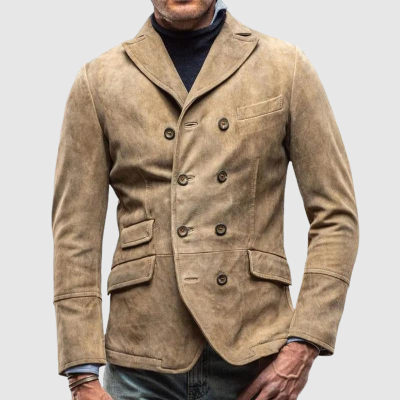 Men's Suede-Style Double-Breasted Jacket – Multi-Pocket
