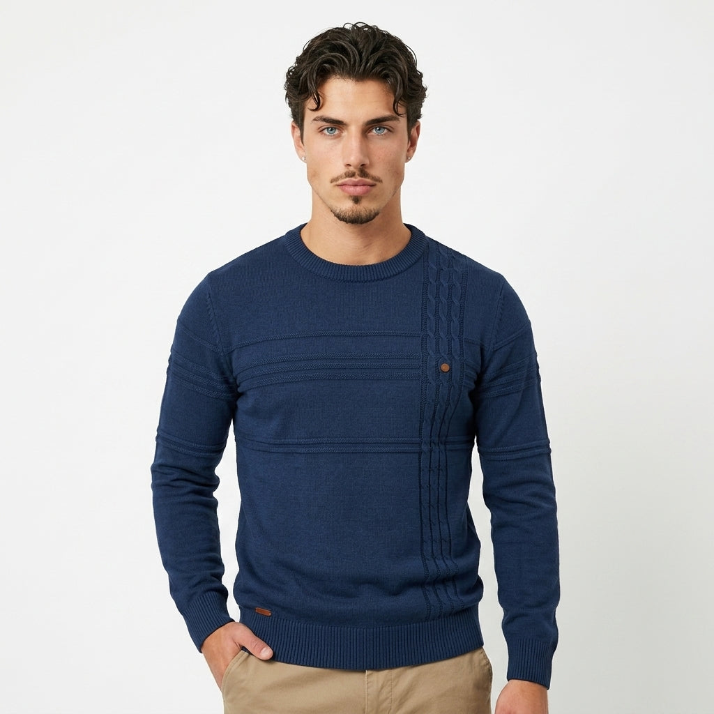 Men's Textured Cotton Sweater – Striped Knit Crew Neck