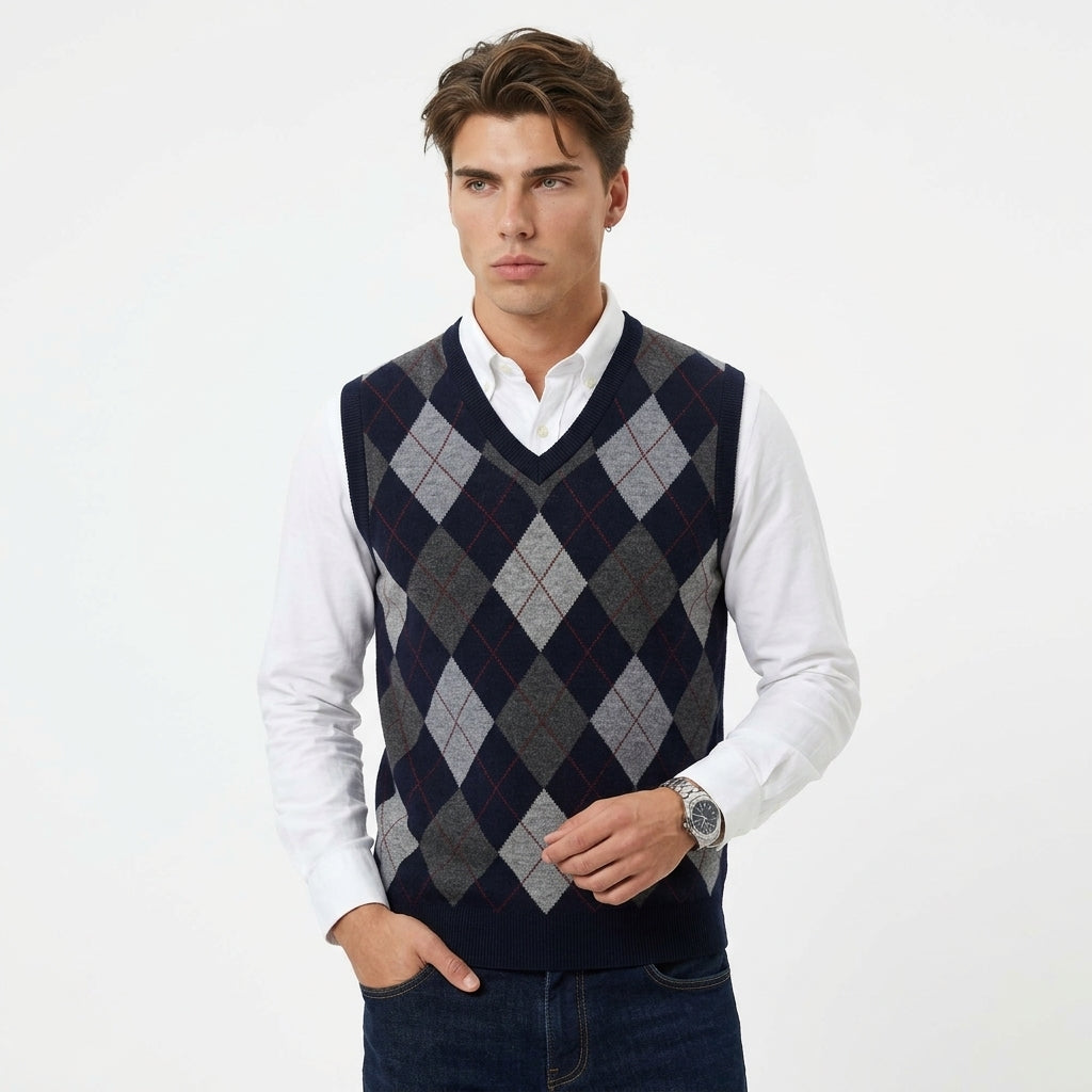 Men's Argyle Knit Vest – V-Neck