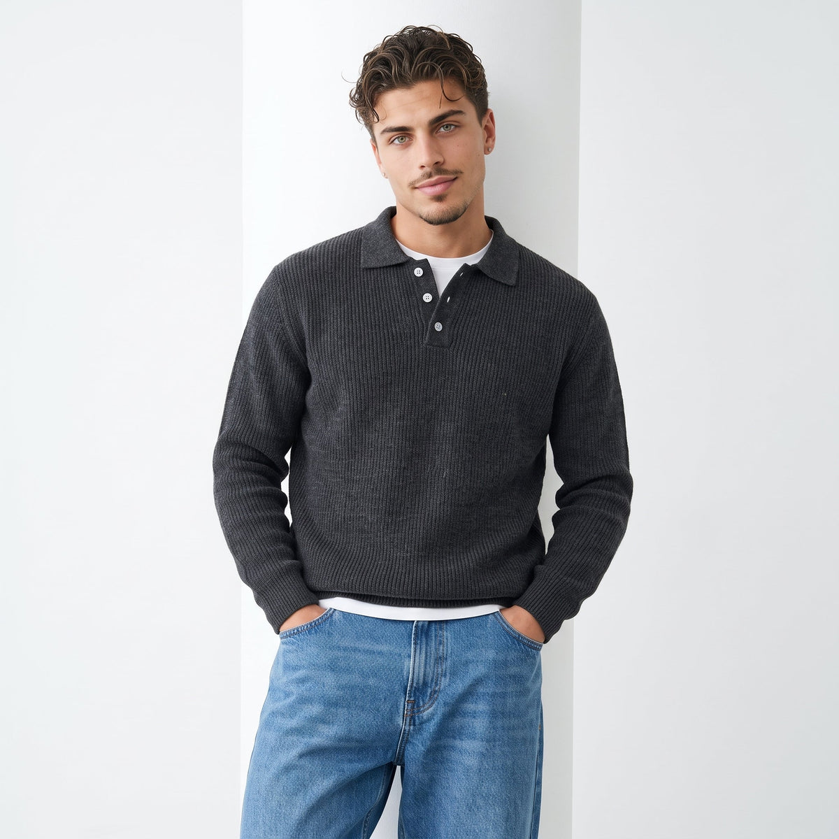 Men's Knitted Polo Sweater – Classic Collar