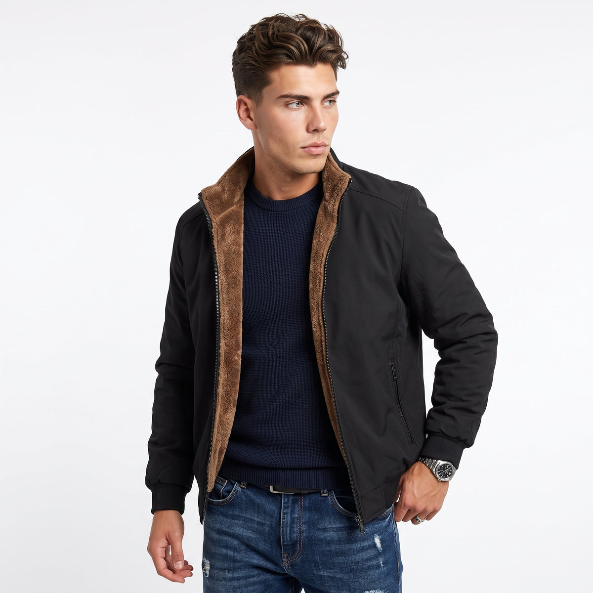 Men's Fleece-Lined Jacket – Stand Collar & Zip Front