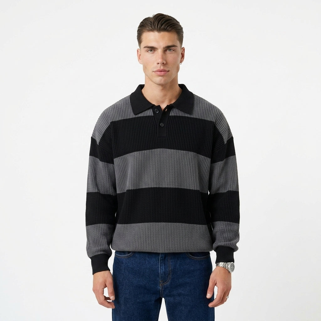 Men's Striped Polo-Collar Sweater – Oversized Chunky Knit
