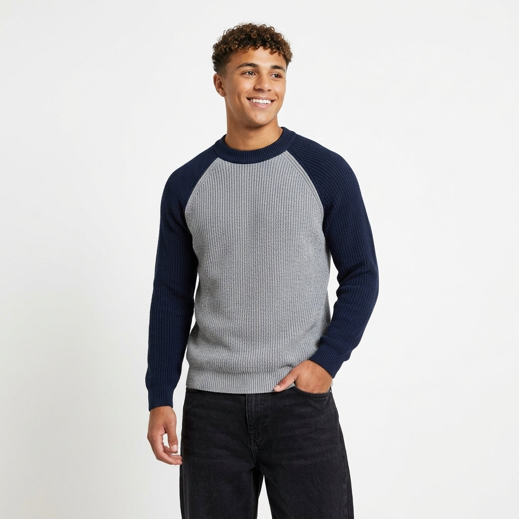 Men's Color-Block Knit Sweater – Retro Crew-Neck