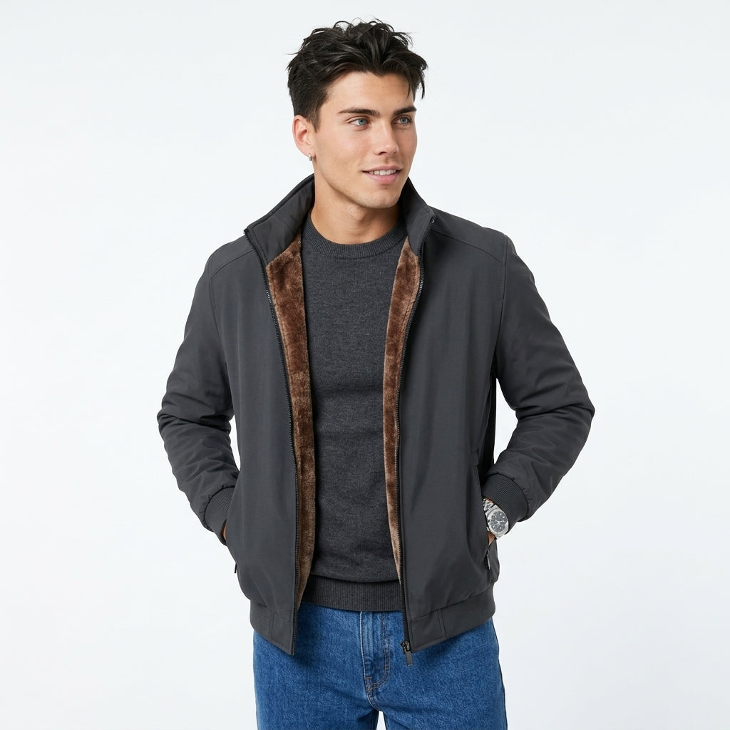 Men's Fleece-Lined Jacket – Stand Collar & Zip Front