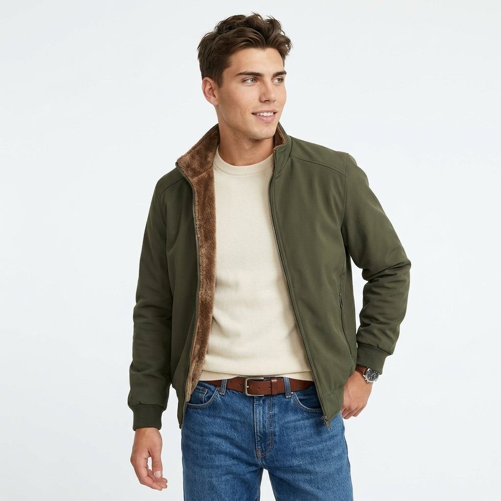 Men's Fleece-Lined Jacket – Stand Collar & Zip Front