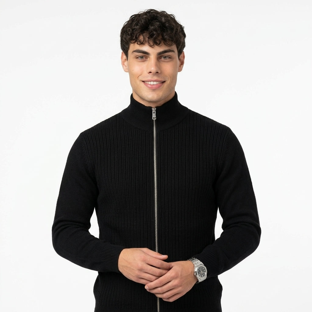 Men's Knitted Zip-Up Sweater – High-Neck Design