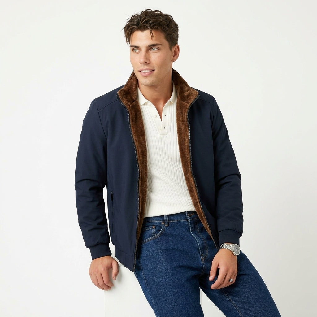Men's Fleece-Lined Jacket – Stand Collar & Zip Front