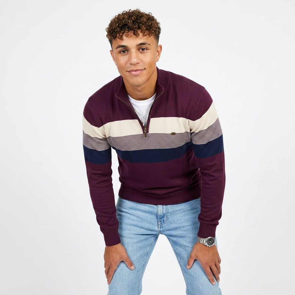 Men's Cotton Quarter-Zip Sweater – Color-Block Knit