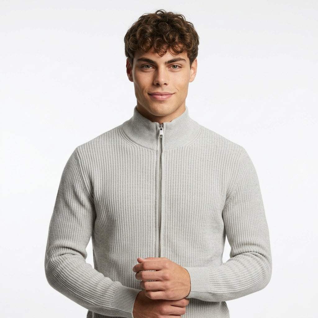 Men's Knitted Zip-Up Sweater – High-Neck Design