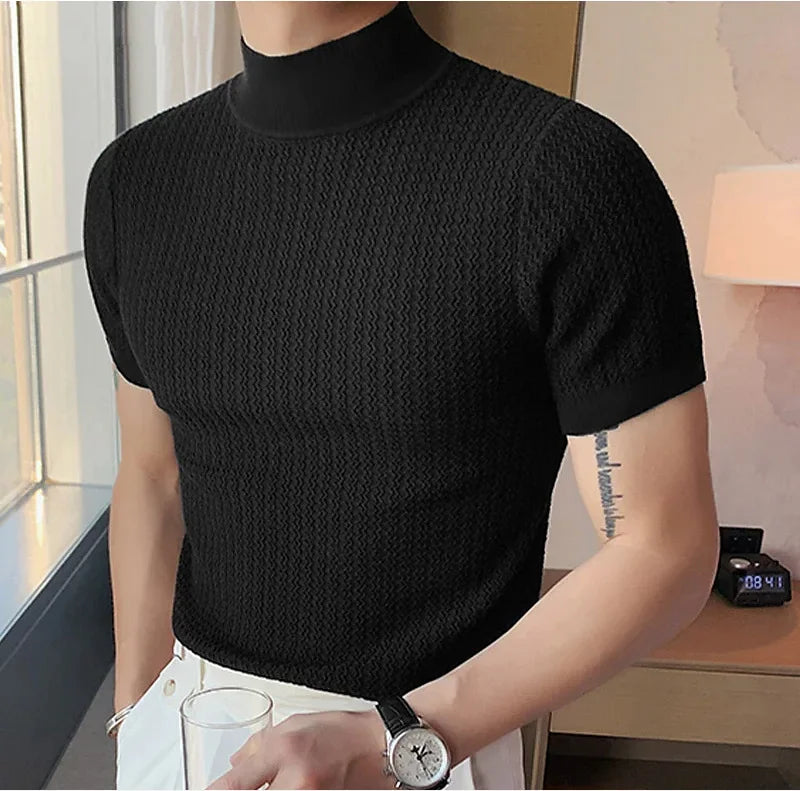 Men's High-Neck T-Shirt – Wavy Textured Knit