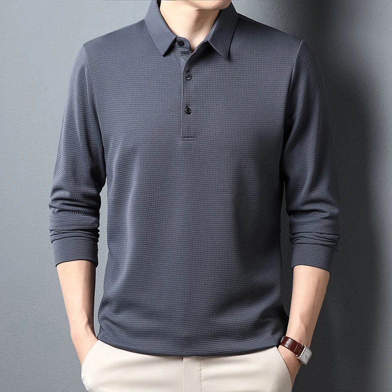 Men's Long-Sleeve Polo Shirt – Textured Casual Fit
