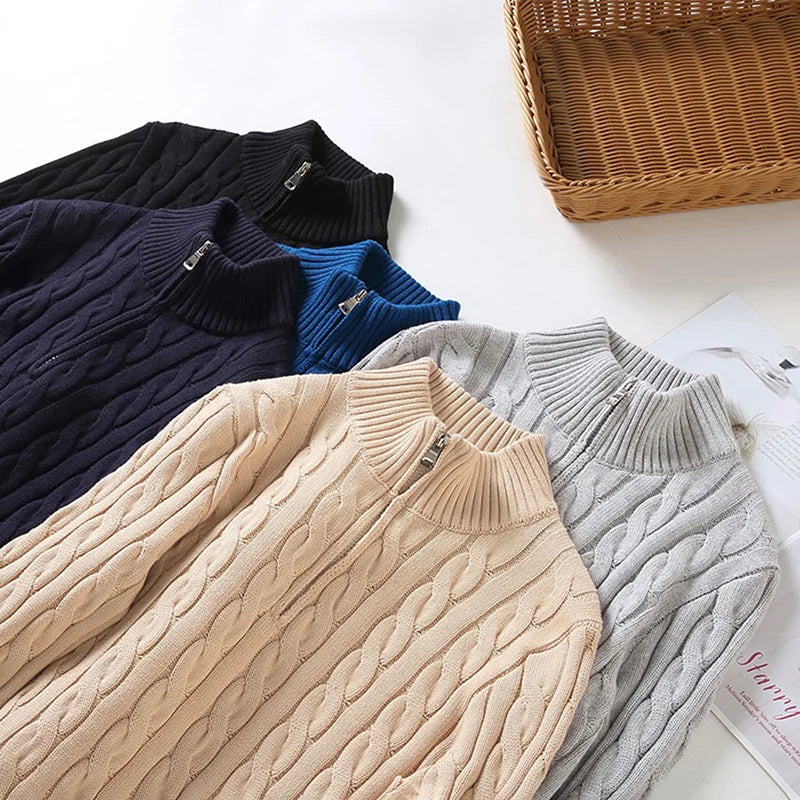 Men's Cable-Knit Half-Zip Sweater – Cotton High Collar
