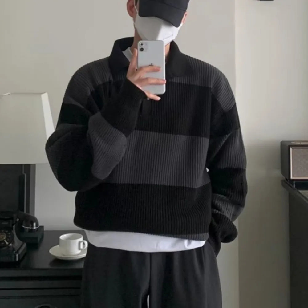 Men's Striped Polo-Collar Sweater – Oversized Chunky Knit