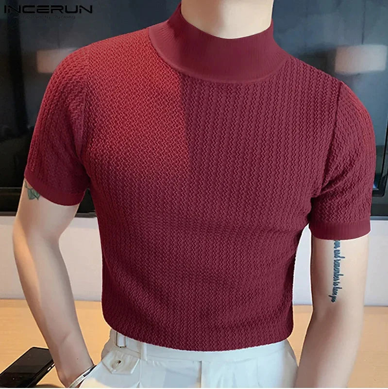 Men's High-Neck T-Shirt – Wavy Textured Knit