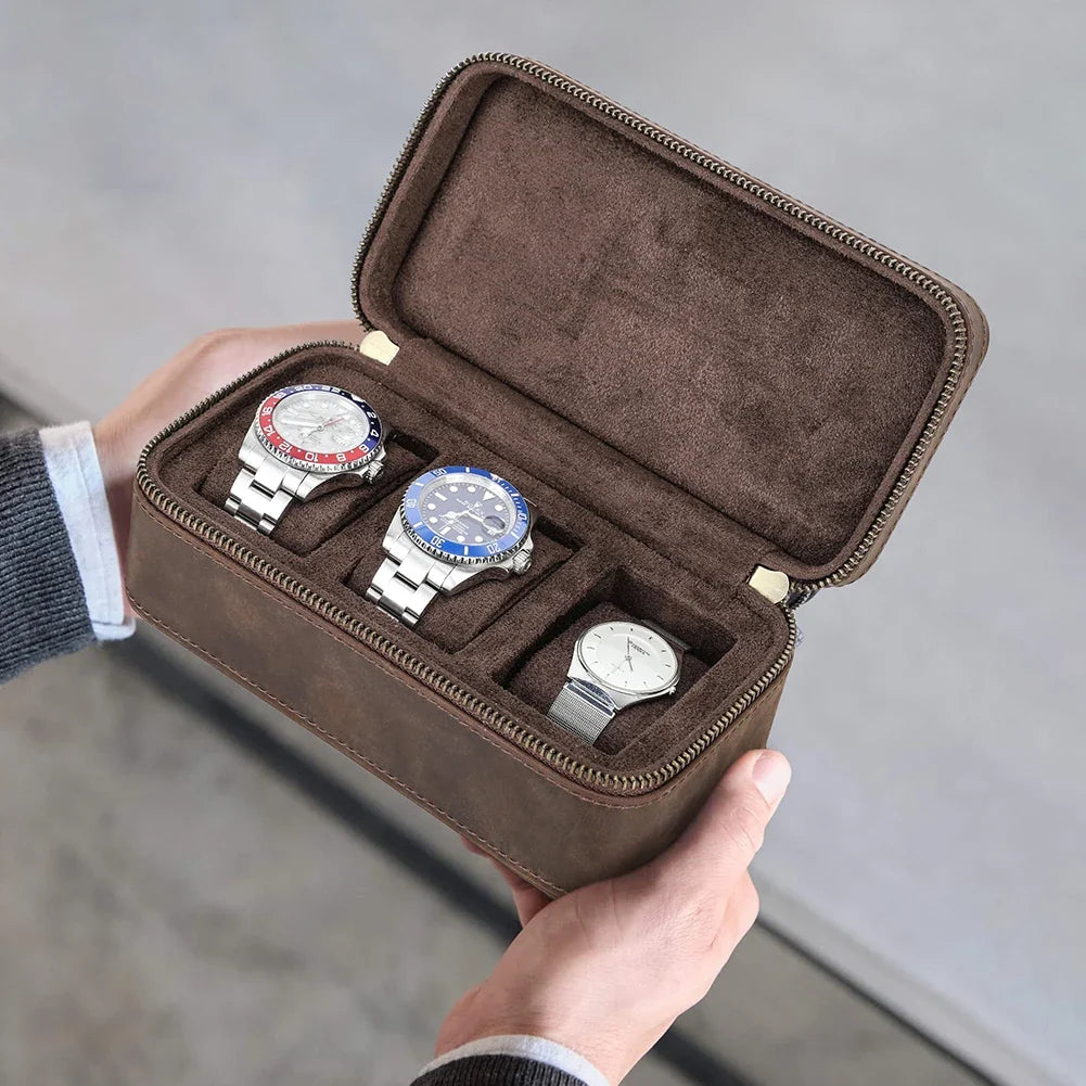 Genuine Leather Watch & Jewelry Case – 3-Watch Organizer