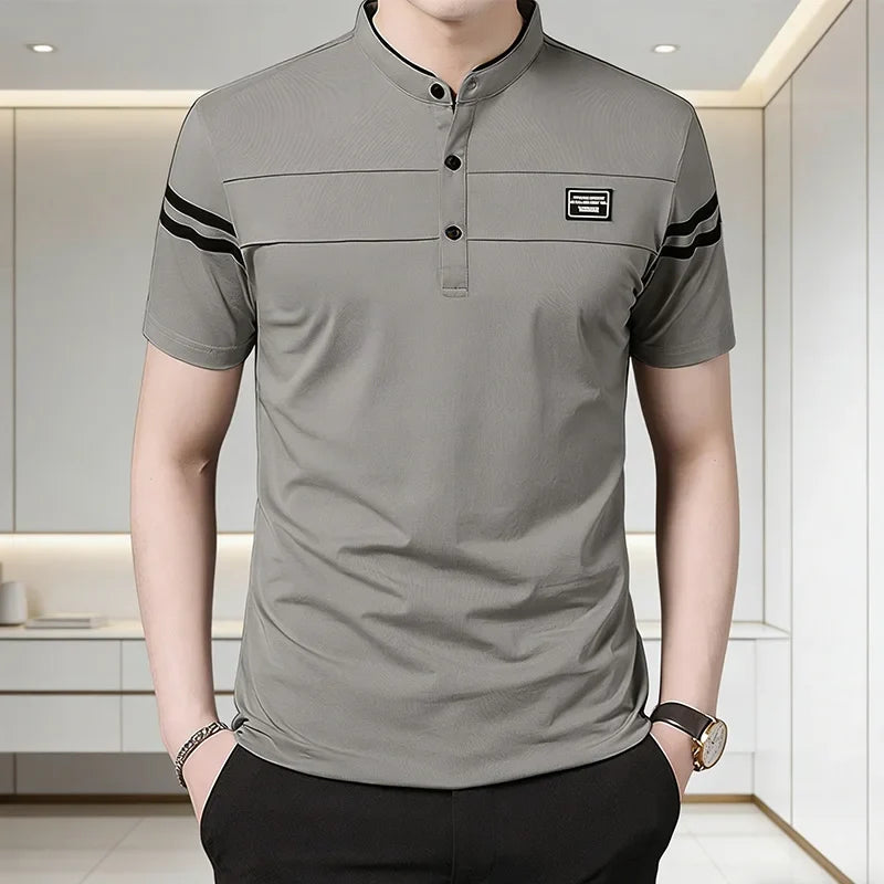 Men's Cotton Mandarin-Collar Polo Shirt – Short Sleeve