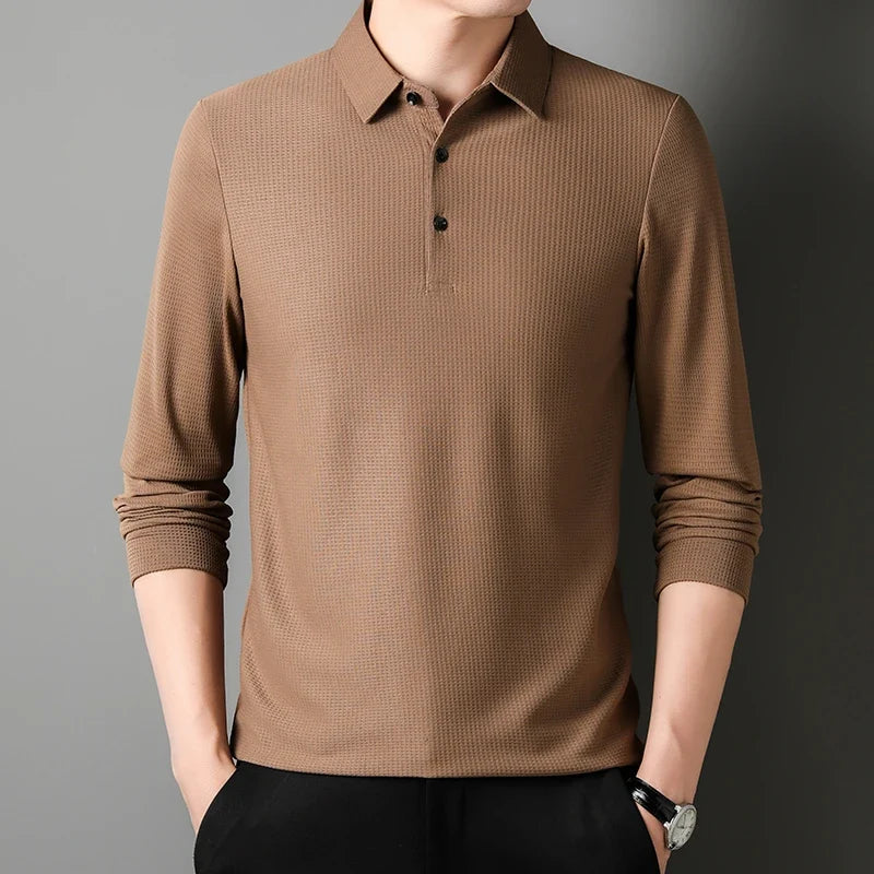Men's Long-Sleeve Polo Shirt – Textured Casual Fit