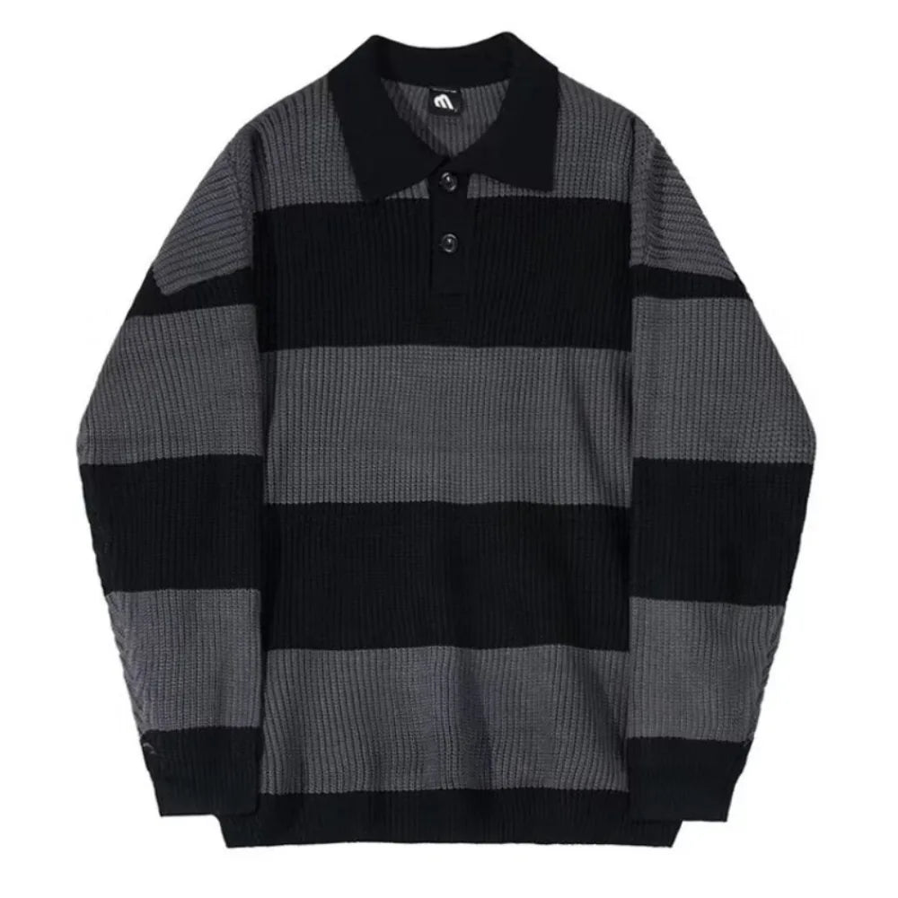 Men's Striped Polo-Collar Sweater – Oversized Chunky Knit