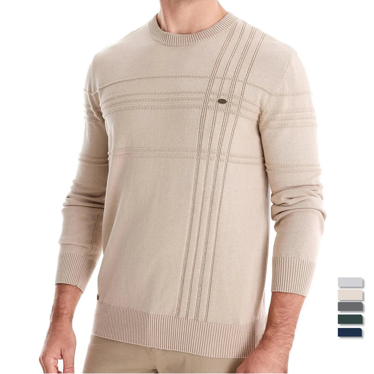 Men's Textured Cotton Sweater – Striped Knit Crew Neck