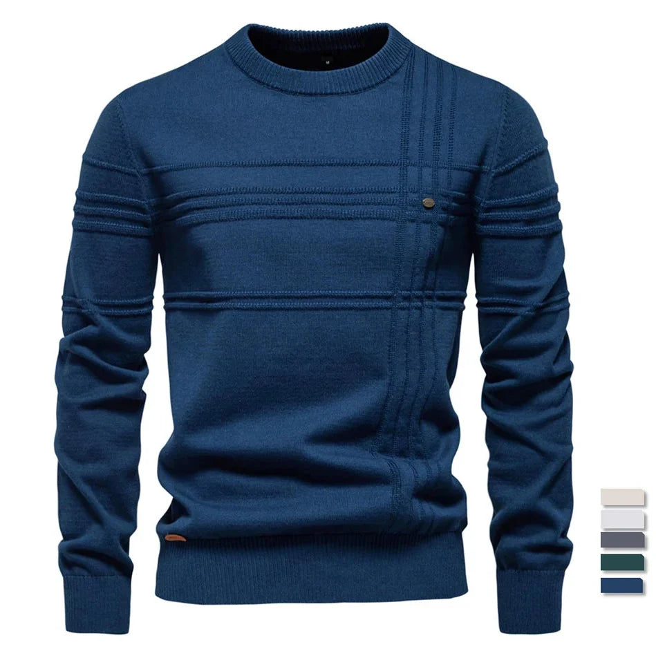 Men's Textured Cotton Sweater – Striped Knit Crew Neck