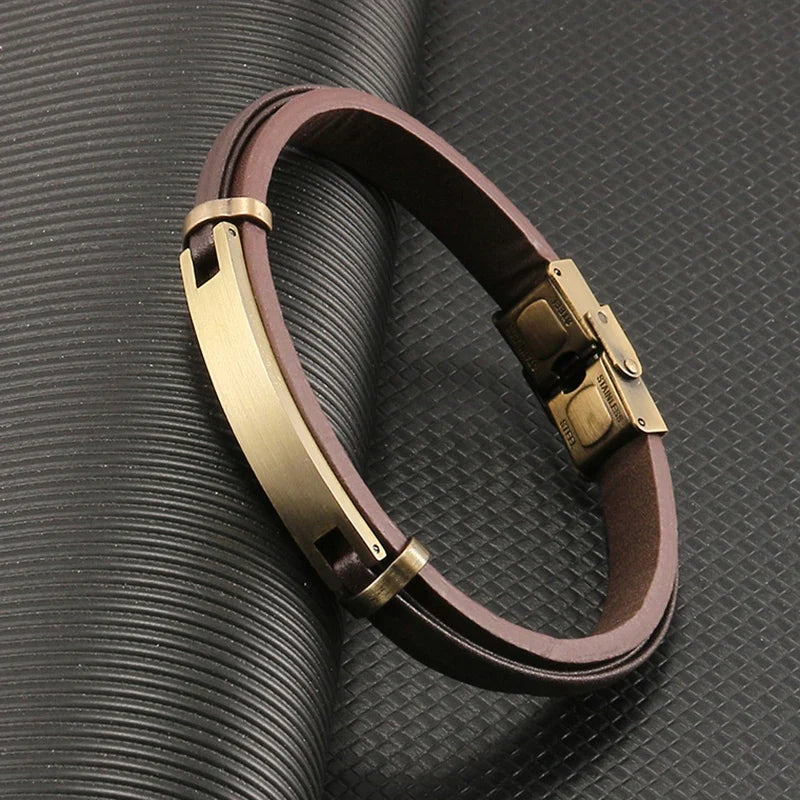 Men's Leather & Stainless Steel Bracelet – Geometric Design