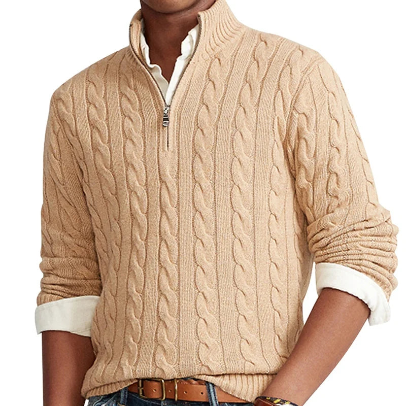 Men's Cable-Knit Half-Zip Sweater – Cotton High Collar