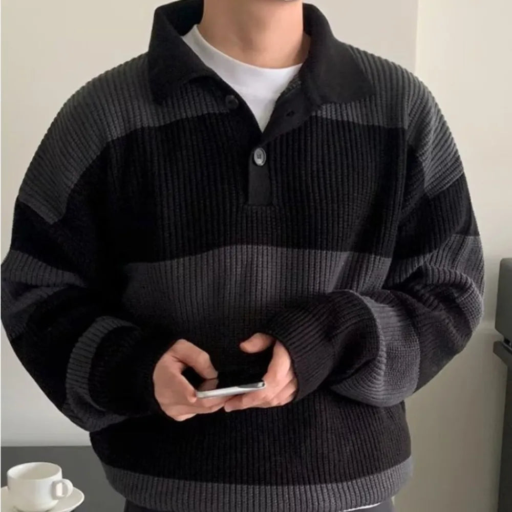 Men's Striped Polo-Collar Sweater – Oversized Chunky Knit