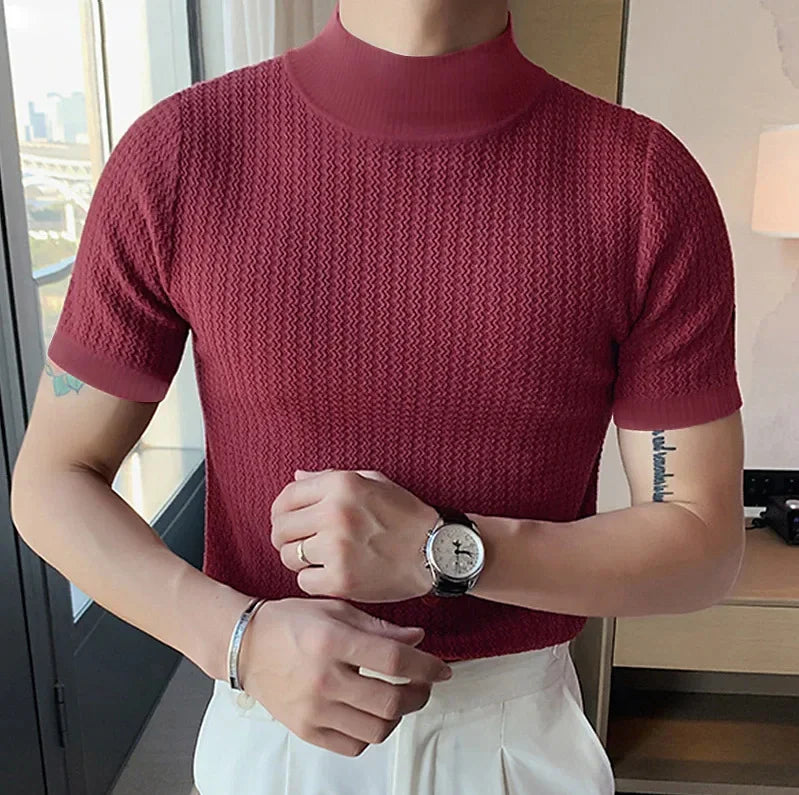 Men's High-Neck T-Shirt – Wavy Textured Knit
