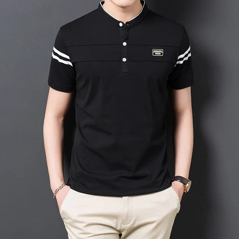 Men's Cotton Mandarin-Collar Polo Shirt – Short Sleeve