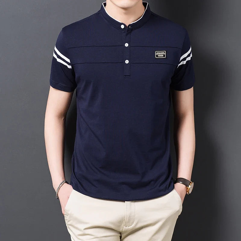 Men's Cotton Mandarin-Collar Polo Shirt – Short Sleeve