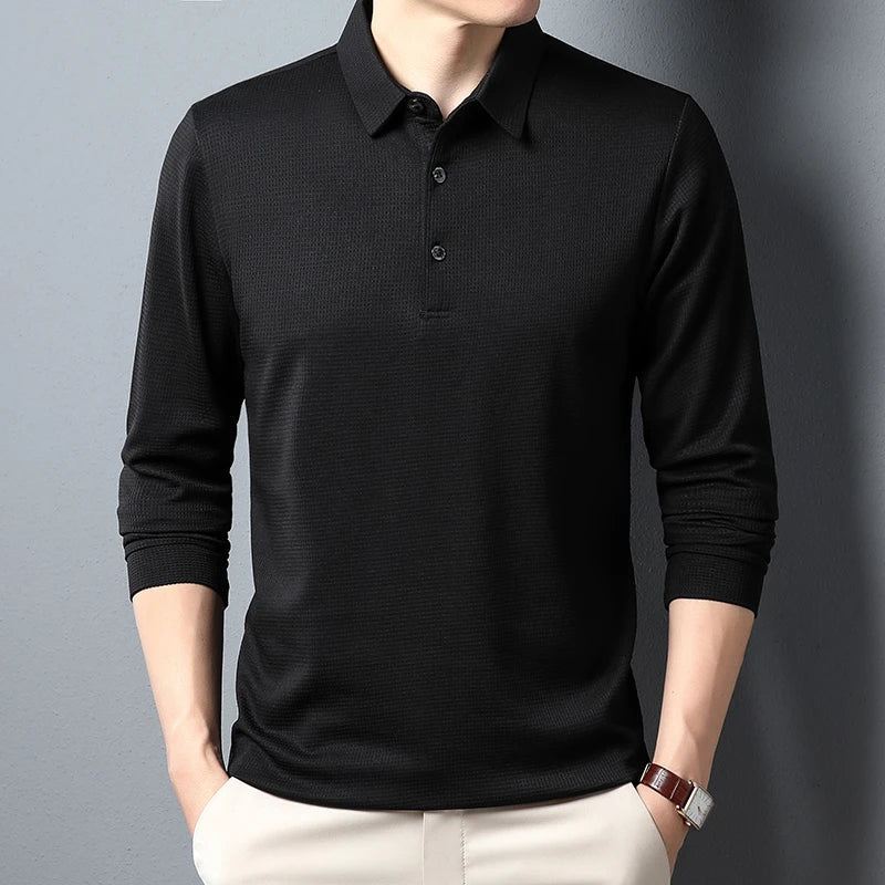 Men's Long-Sleeve Polo Shirt – Textured Casual Fit