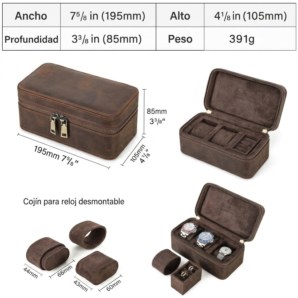 Genuine Leather Watch & Jewelry Case – 3-Watch Organizer